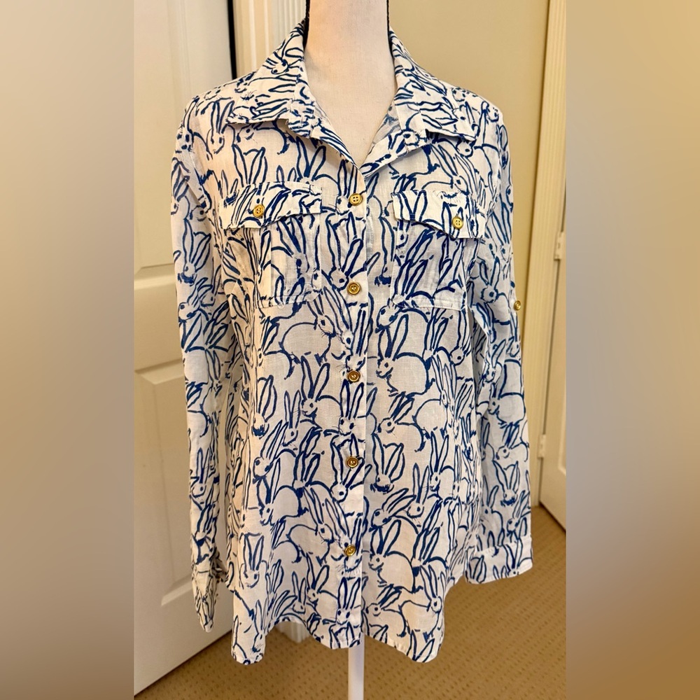 NWT Chic Rabbit Print Button Down Shirt, 50% linen, 50% cotton, Sz L